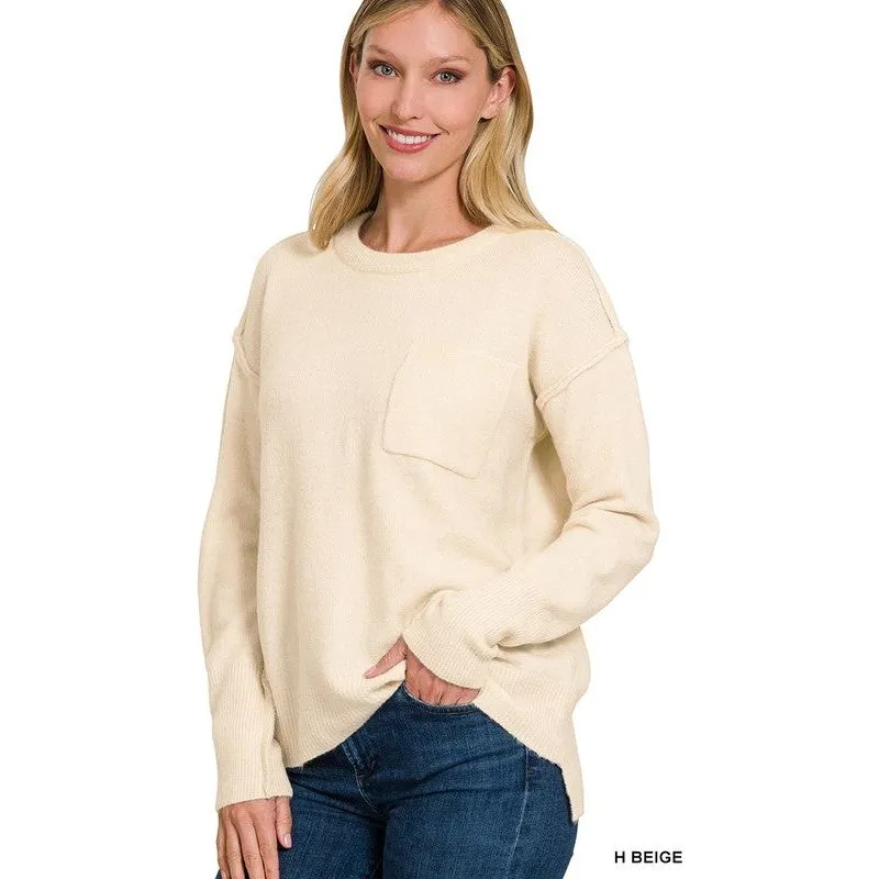 MELANGE HI-LOW HEM ROUND NECK SWEATER