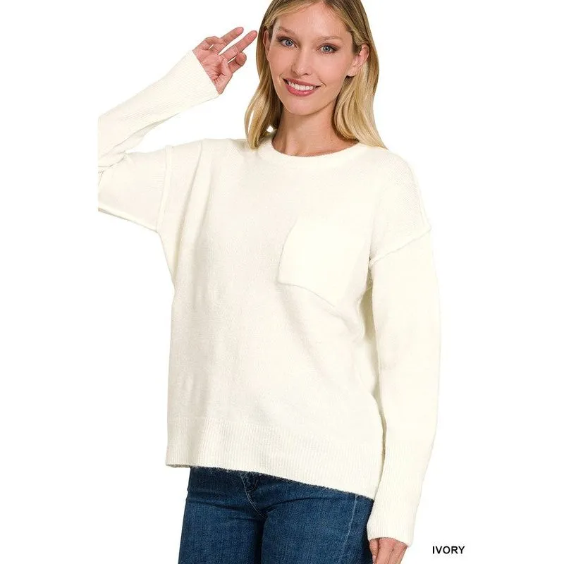 MELANGE HI-LOW HEM ROUND NECK SWEATER