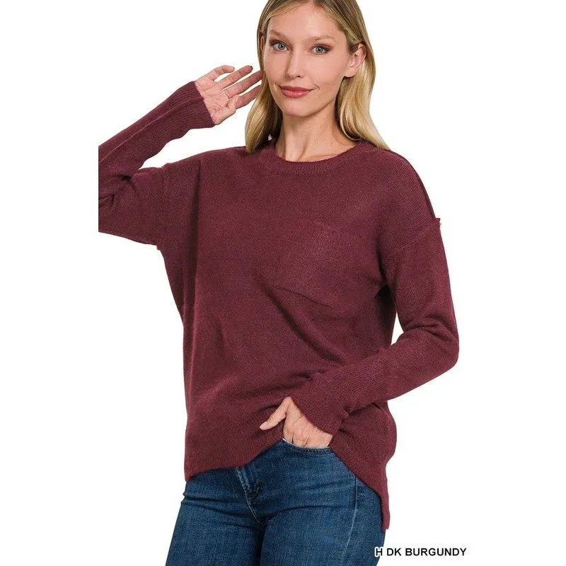 MELANGE HI-LOW HEM ROUND NECK SWEATER
