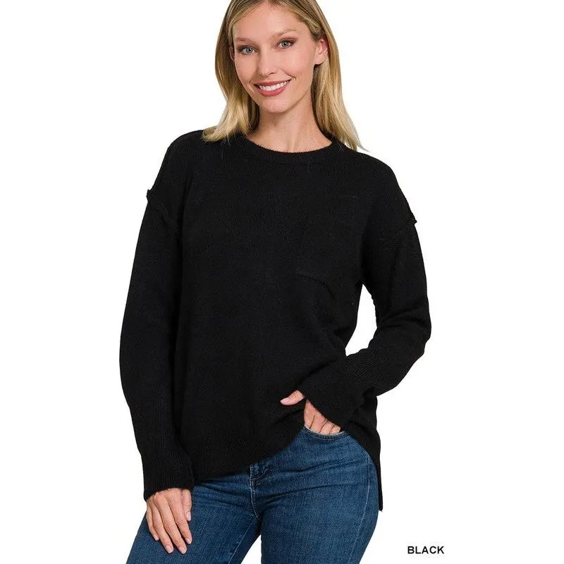 MELANGE HI-LOW HEM ROUND NECK SWEATER