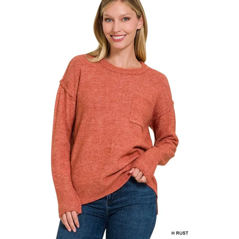 MELANGE HI-LOW HEM ROUND NECK SWEATER