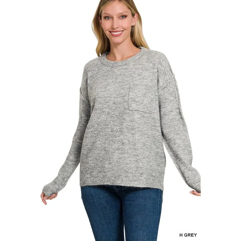 MELANGE HI-LOW HEM ROUND NECK SWEATER