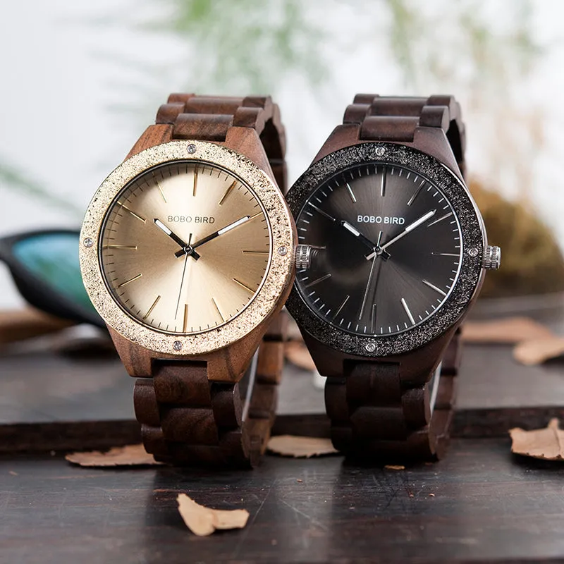 Men's Wood Watch With Metal Face in Wooden Box - Champagne Gold,Space Gray