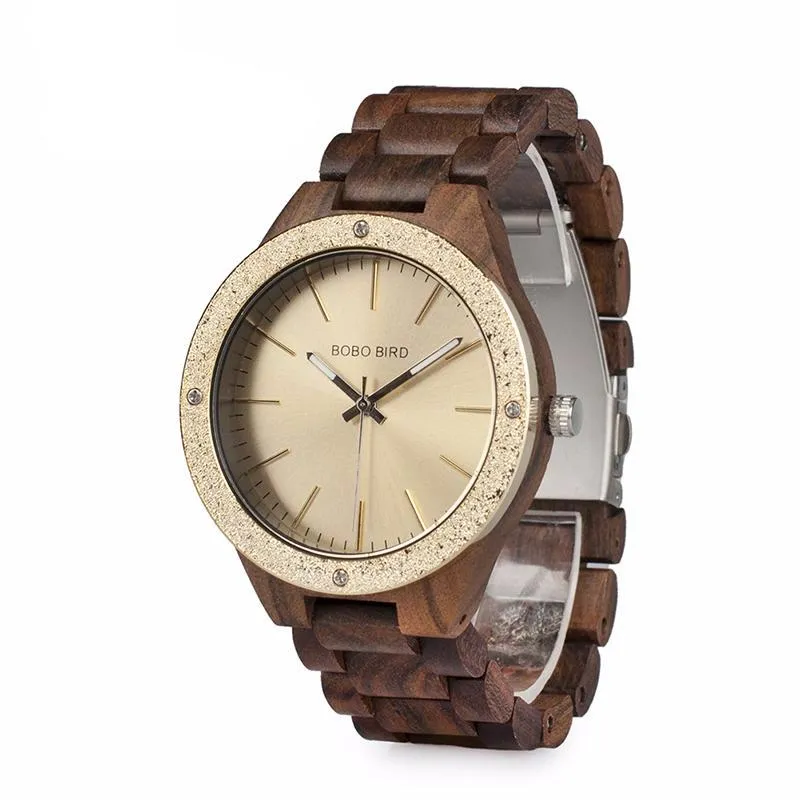 Men's Wood Watch With Metal Face in Wooden Box - Champagne Gold,Space Gray
