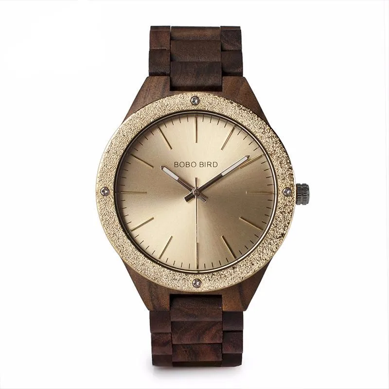 Men's Wood Watch With Metal Face in Wooden Box - Champagne Gold,Space Gray