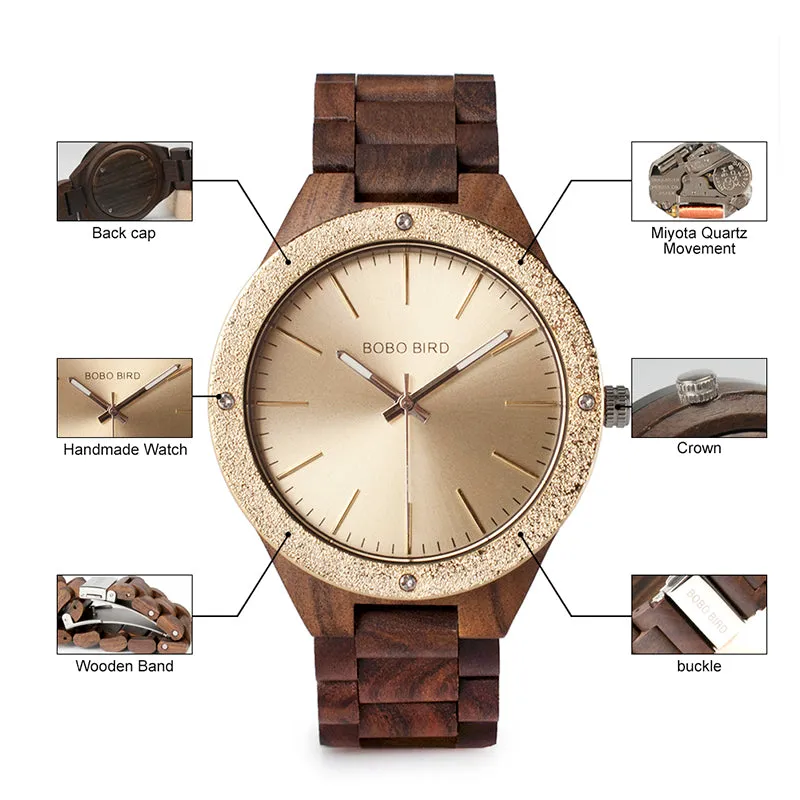 Men's Wood Watch With Metal Face in Wooden Box - Champagne Gold,Space Gray