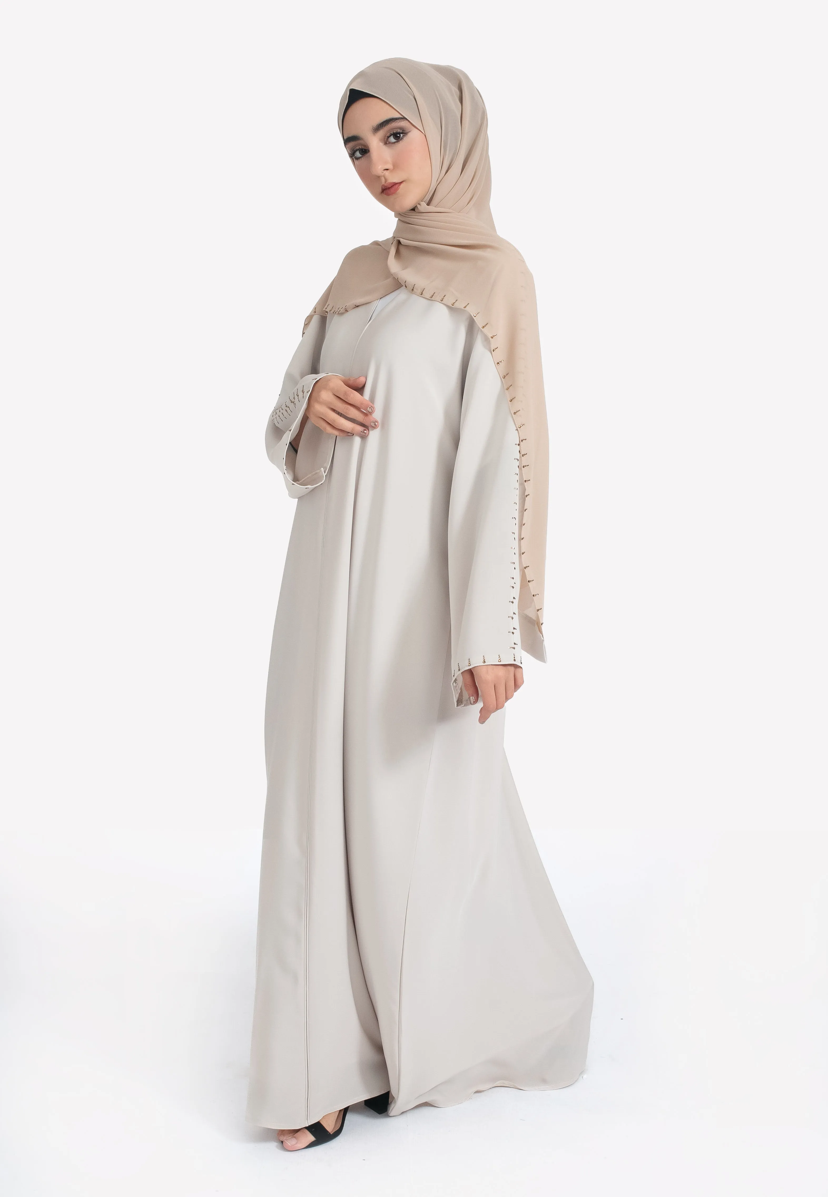 Minimal Beige Closed Abaya with Diamonds
