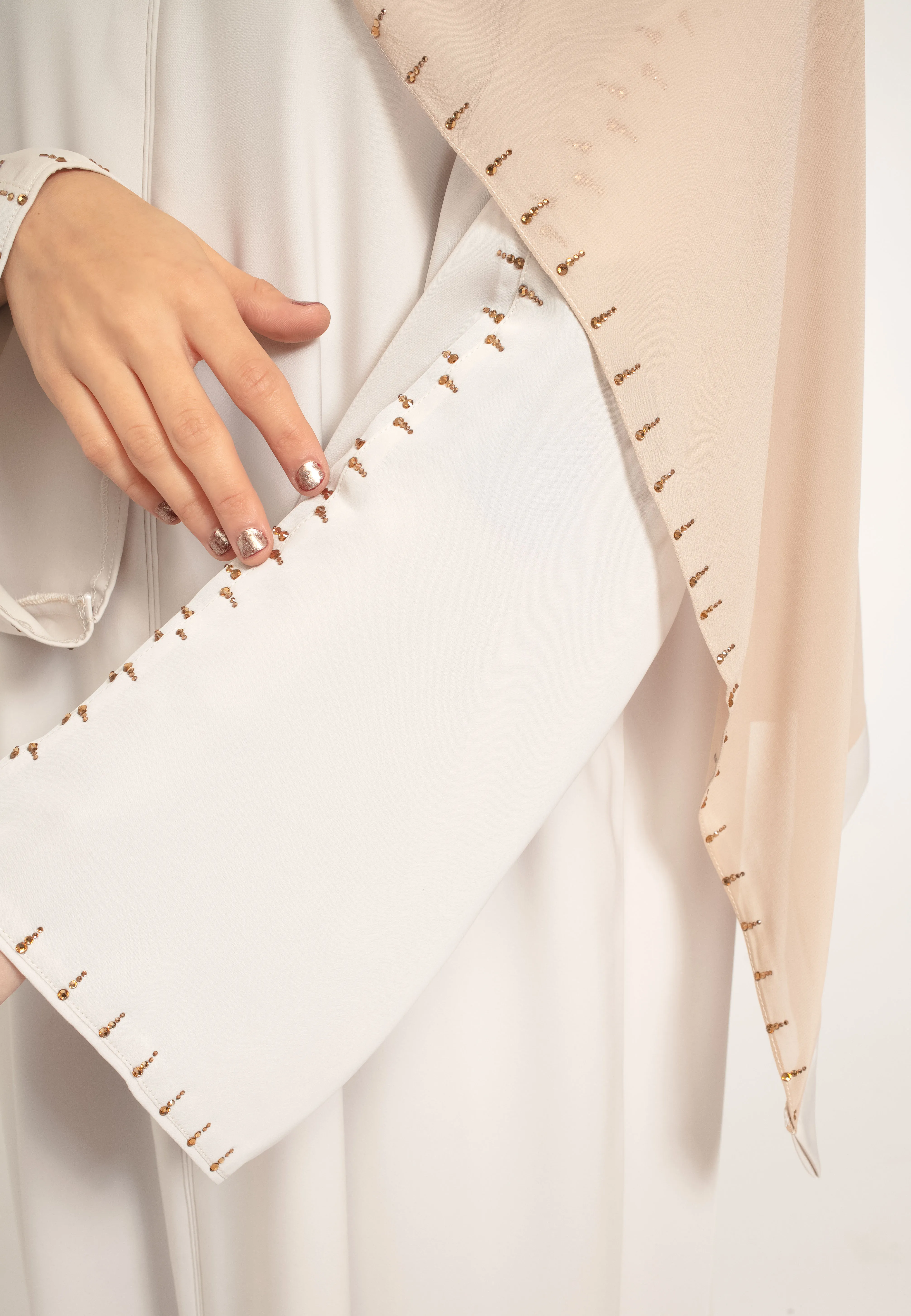 Minimal Beige Closed Abaya with Diamonds