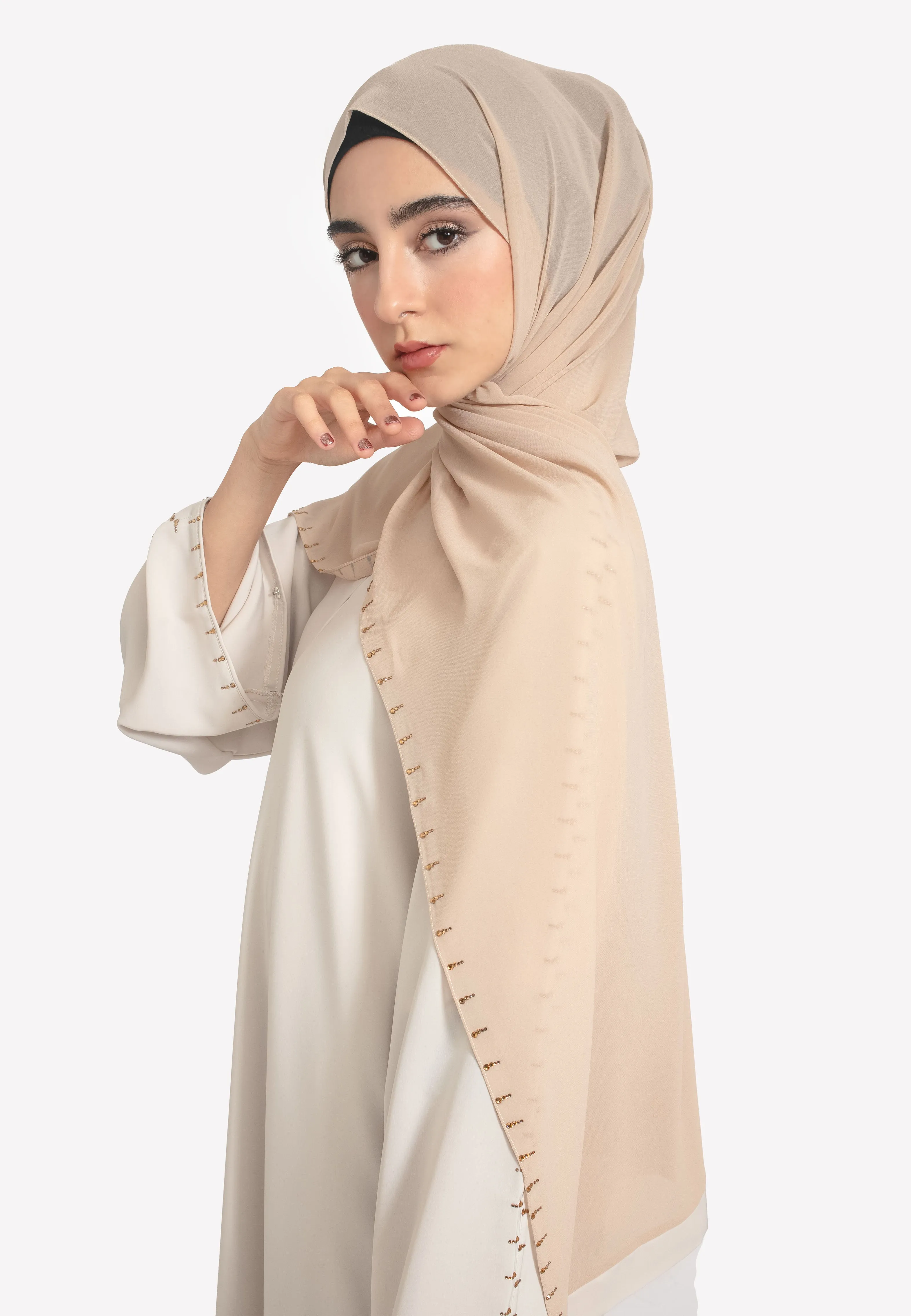 Minimal Beige Closed Abaya with Diamonds