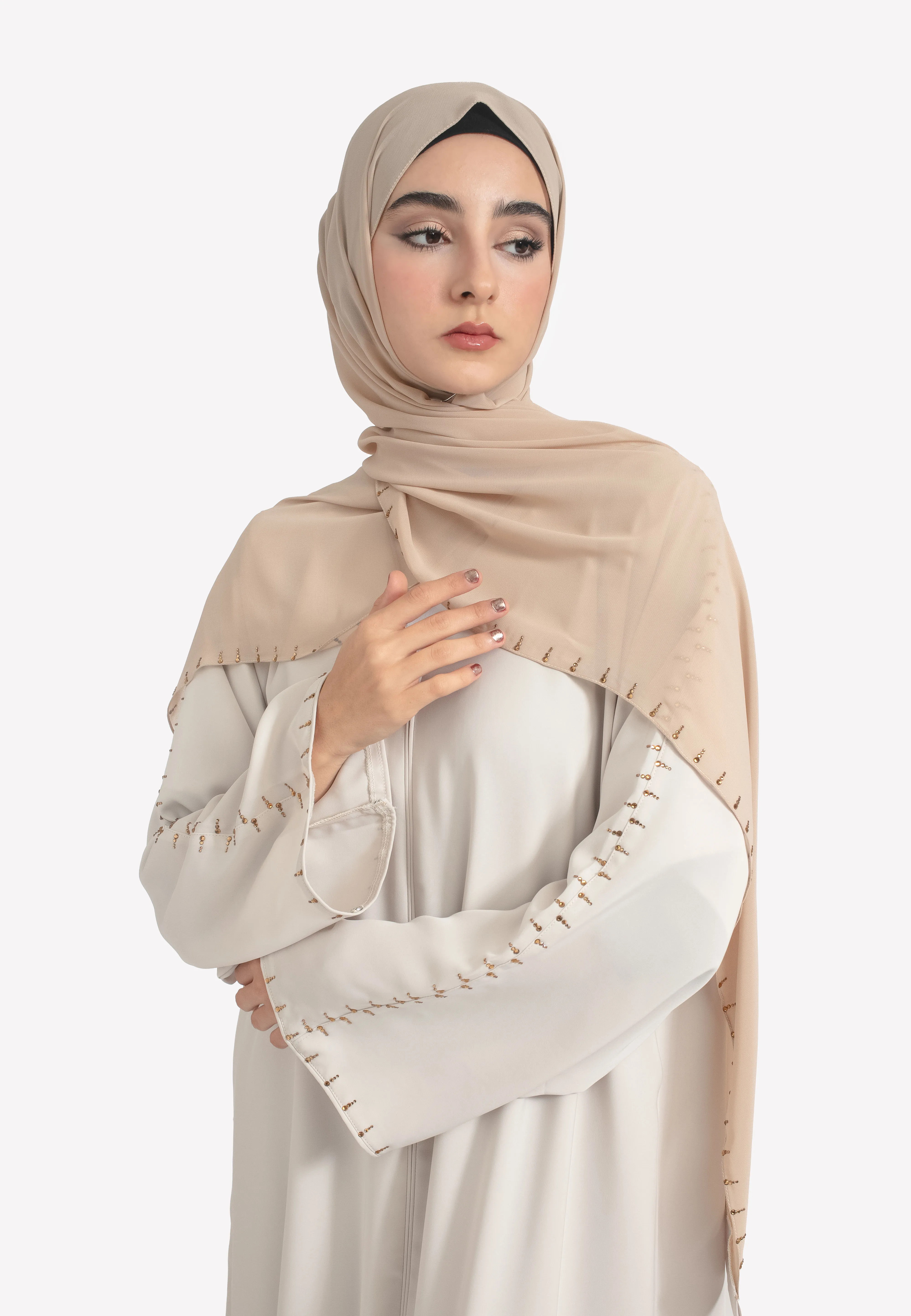 Minimal Beige Closed Abaya with Diamonds