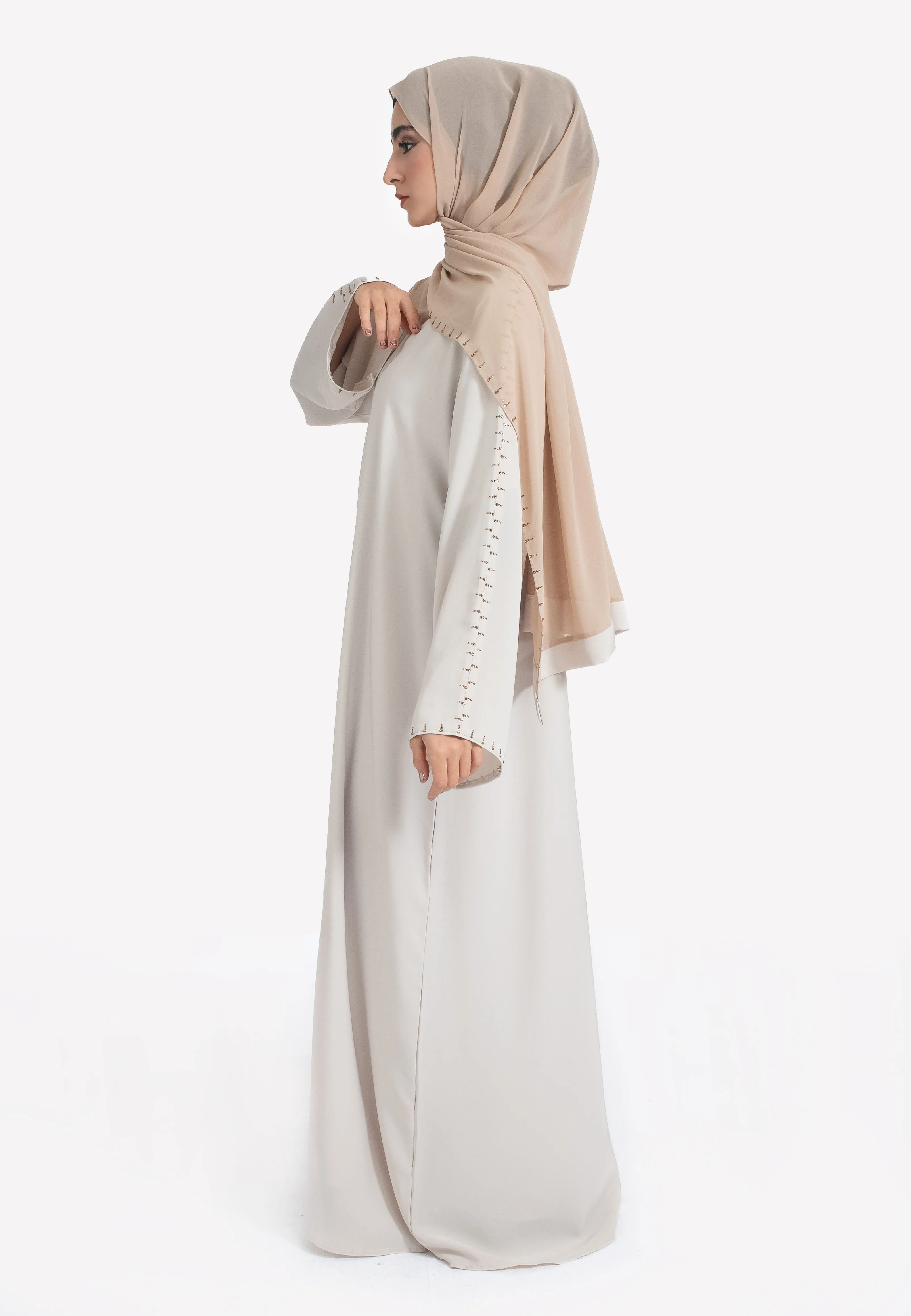Minimal Beige Closed Abaya with Diamonds
