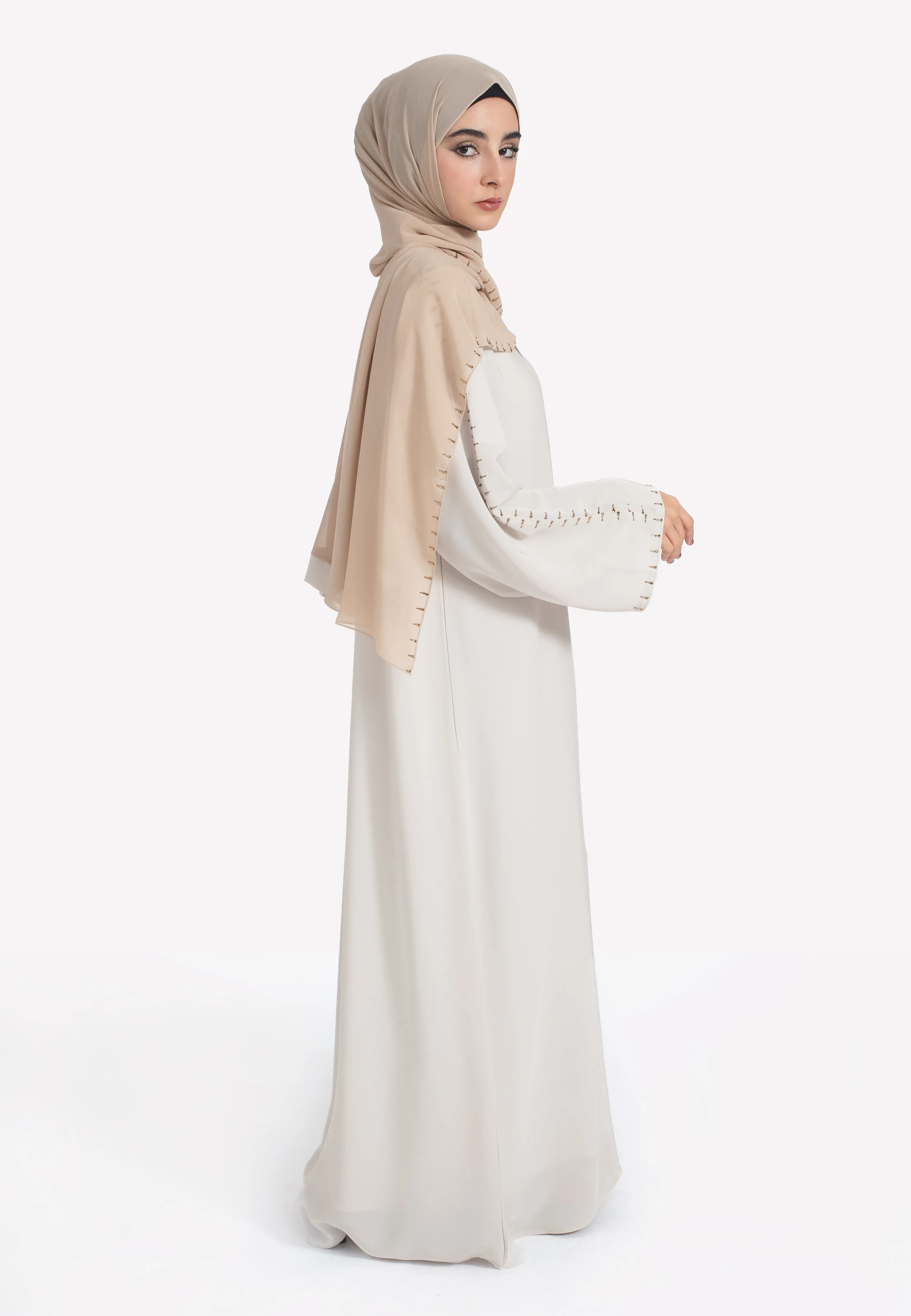 Minimal Beige Closed Abaya with Diamonds