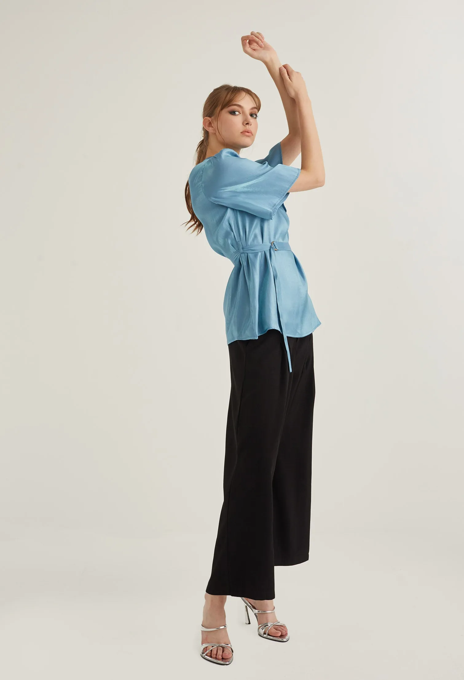 Mock Neck Belted Blouse