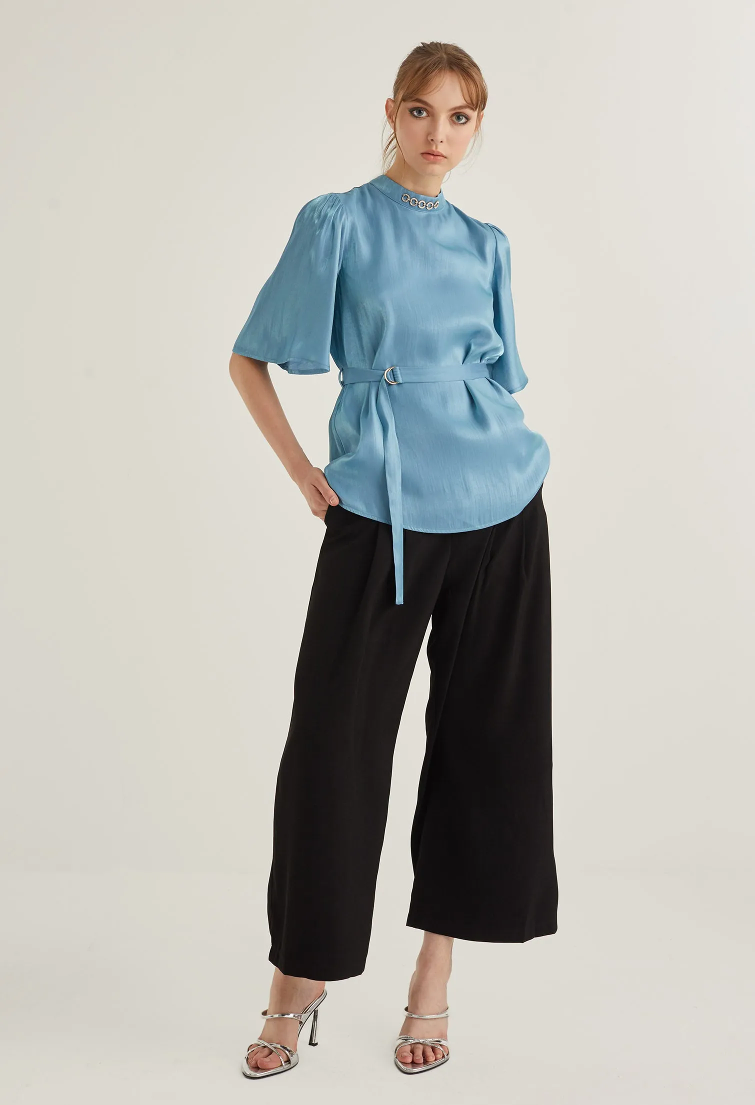 Mock Neck Belted Blouse