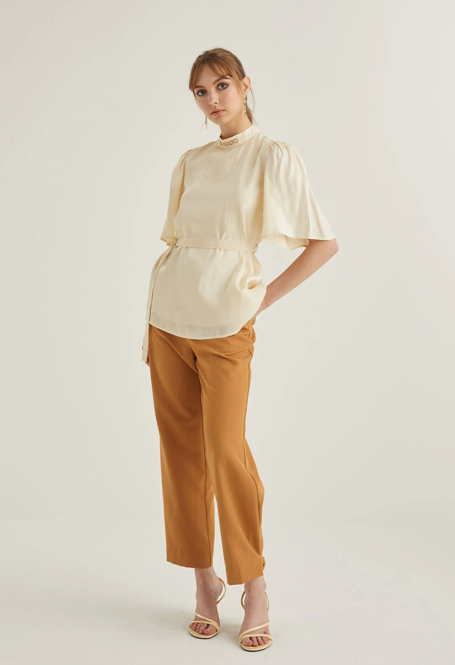 Mock Neck Belted Blouse