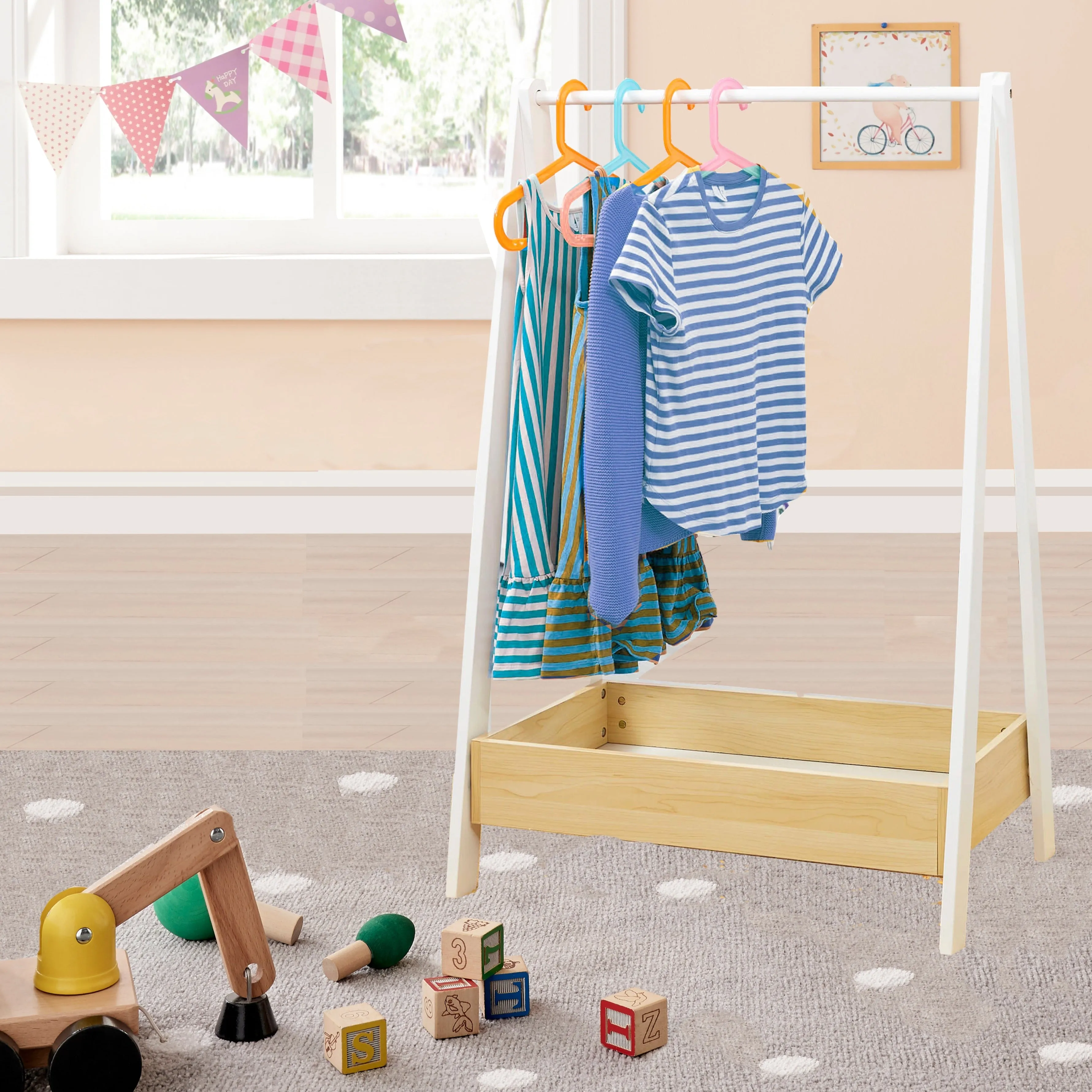 Montessori Wooden Childrens Clothes Rail with Storage | Dress up Rail | 98cm High