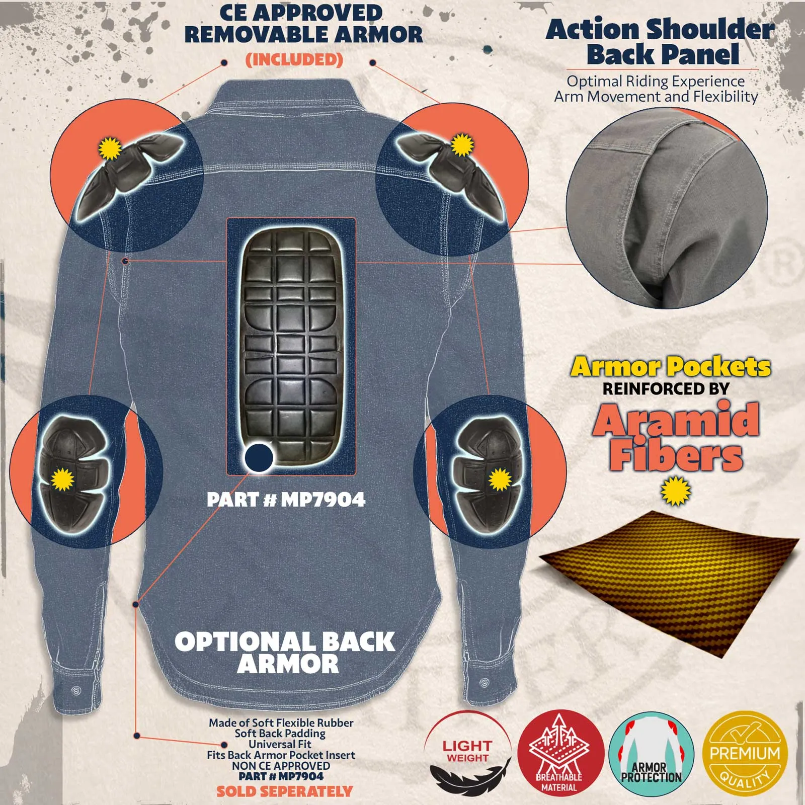 MPM1651 Men's Plaid Flannel Biker Shirt with CE Approved Armor - Reinforced w/ Aramid Fiber