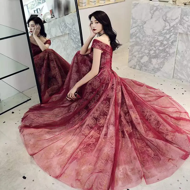 Off Shoulder Sweetheart Wine Red Tulle with Lace Party Dress, Dark Red Long Prom Dress