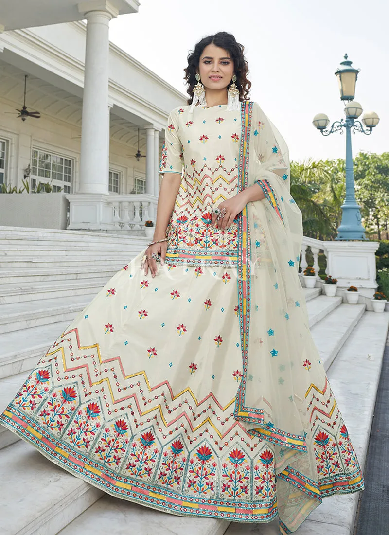 Off White Multi Embroidered Wedding Lehenga Kurti