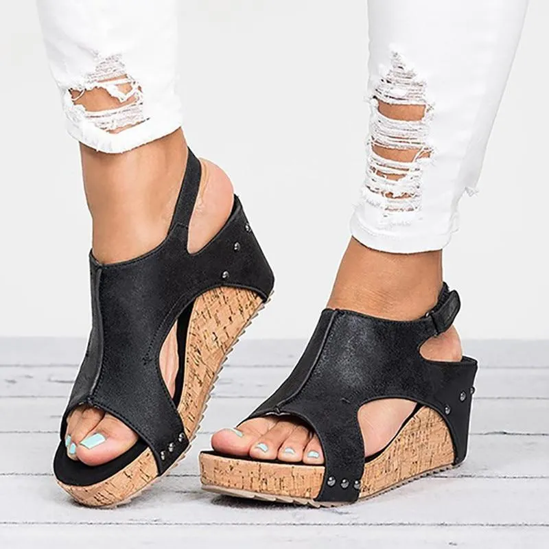 Open Toe Women Sandals Vintage Retro Leather Wedges Shoes