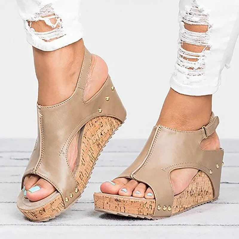 Open Toe Women Sandals Vintage Retro Leather Wedges Shoes