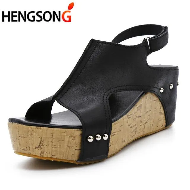 Open Toe Women Sandals Vintage Retro Leather Wedges Shoes