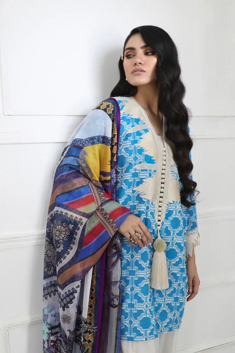 Pakistani designer woven outfit for casual wear in azure color # P2388