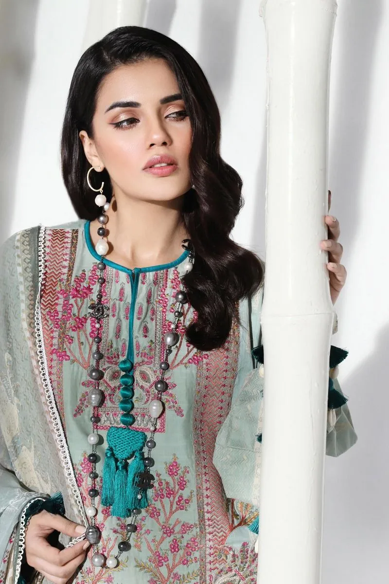 Pakistani embroidered slub dress for casual wear in mint green color # P2397