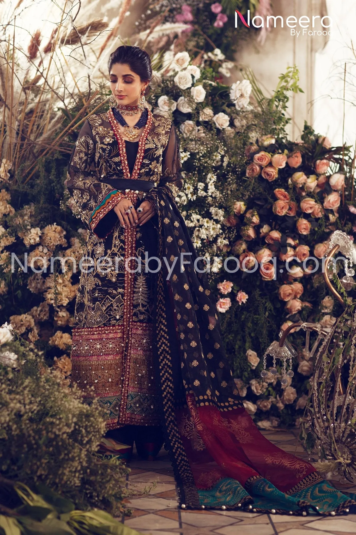 Pakistani Gown in Embroidered Coal Black Color - #PS10