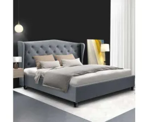 PIER Bed Frame Base Mattress Platform Fabric Wooden - Grey