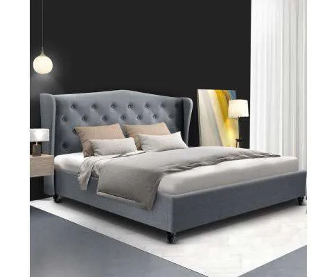 PIER Bed Frame Base Mattress Platform Fabric Wooden - Grey