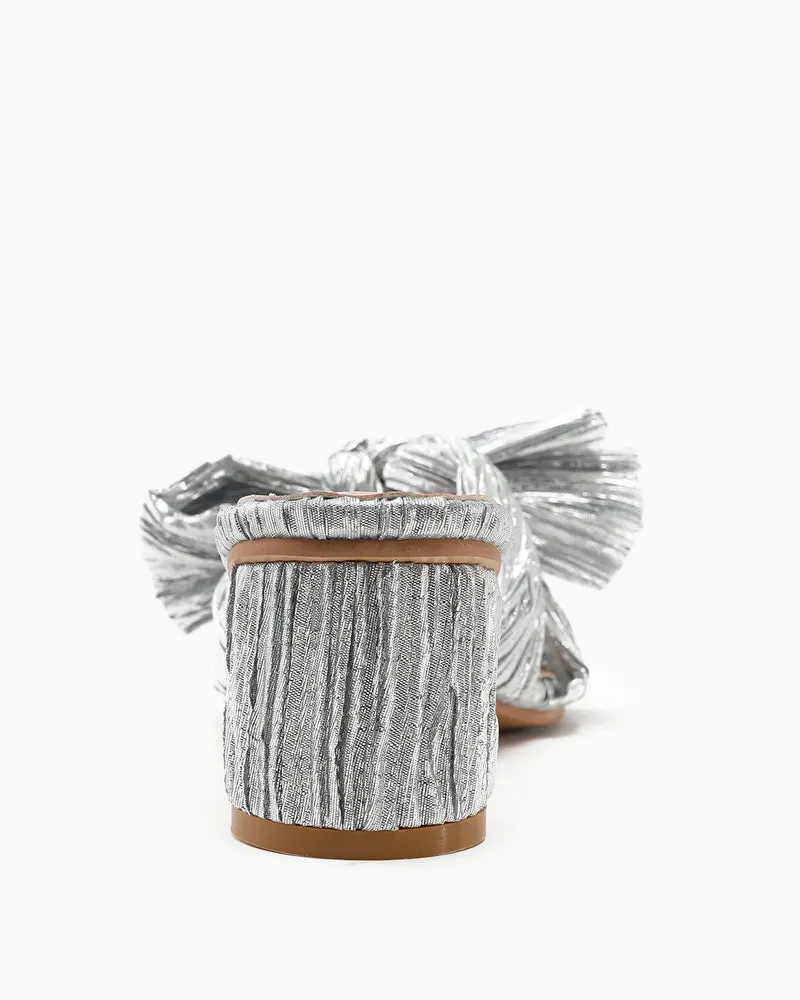 Pleated Bow Open Toe Chunky Block Heel Sandals