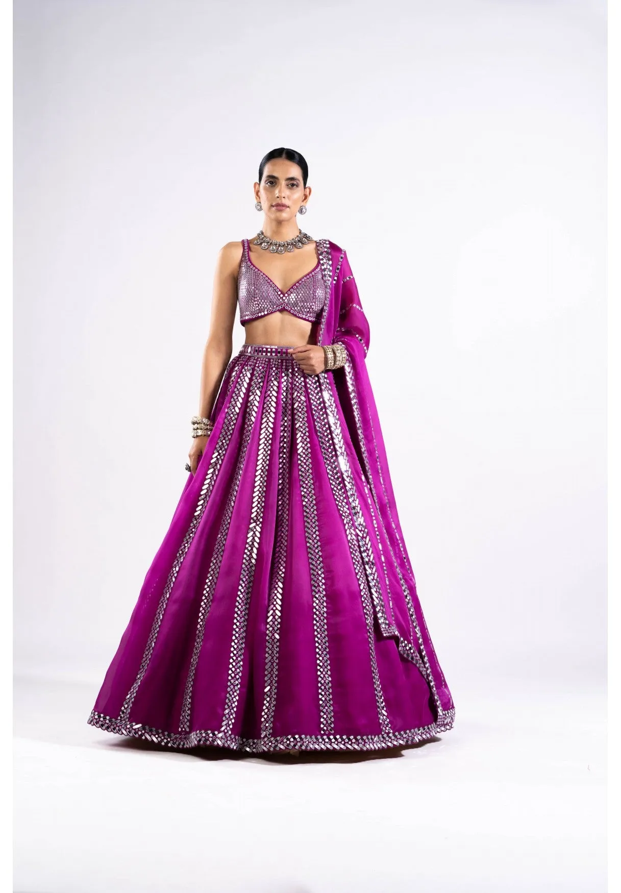Pop Wine Mirror Seam Lehenga Set