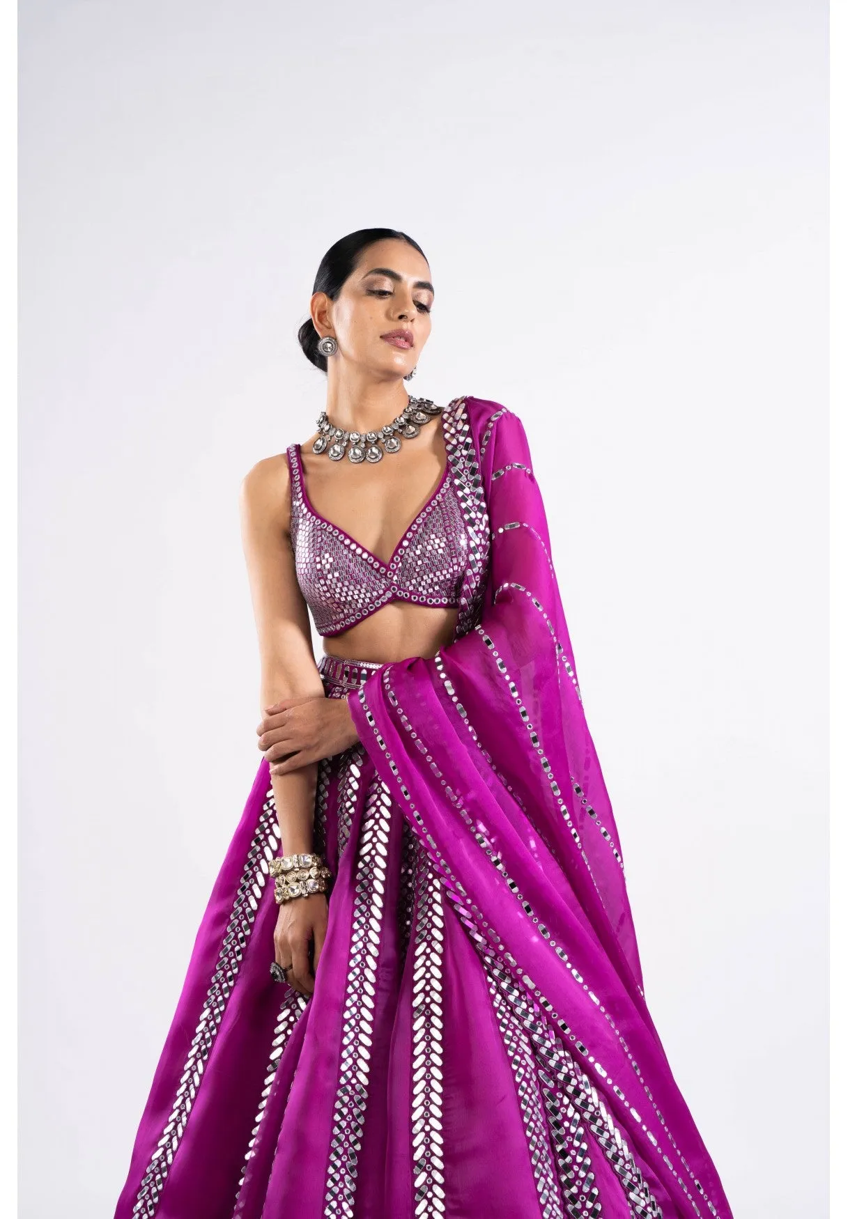 Pop Wine Mirror Seam Lehenga Set