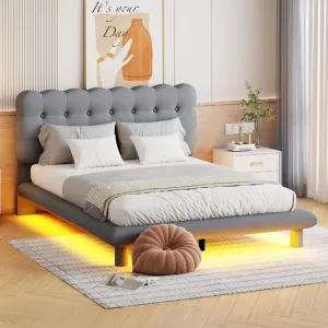 Queen Velvet Platform Bed with Led Frame Button-Tufted Design