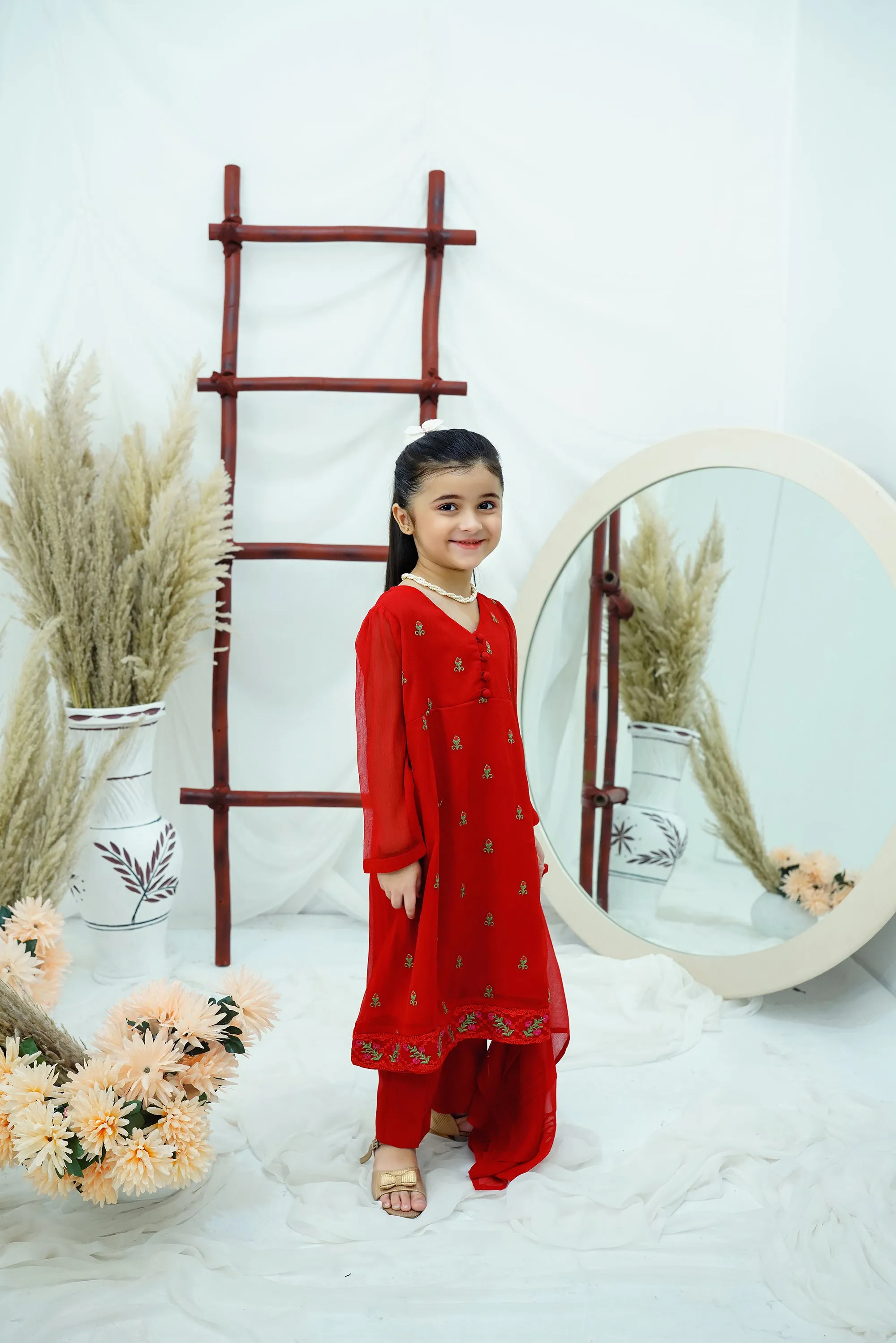 Red Embroidered Chiffon