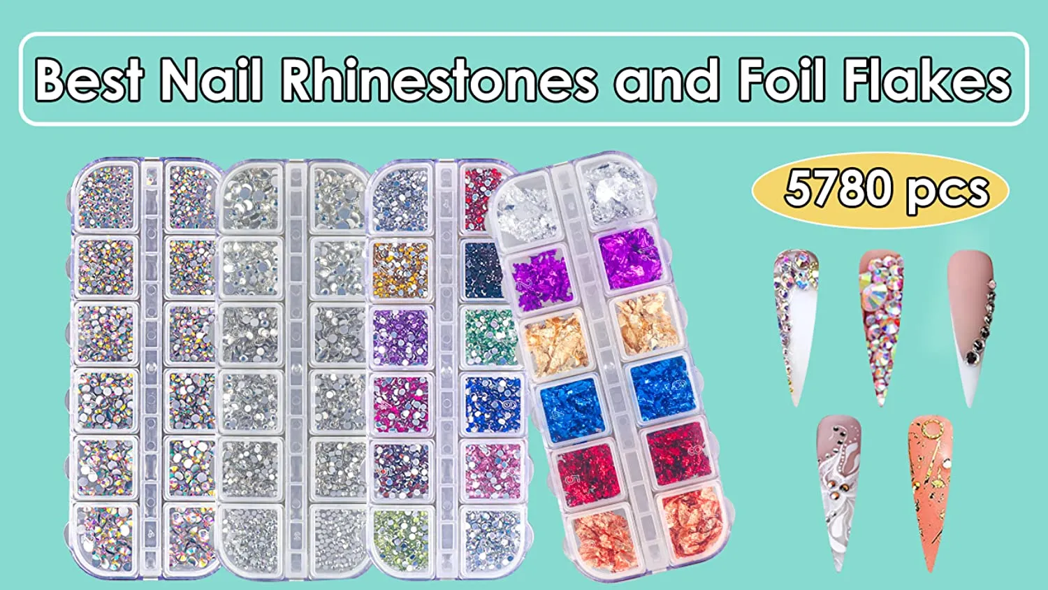 Rhinestones for Nail Art Decoration Foil Flakes Kit 5780Pcs-Tufusiur Nail Gems Crystal AB Clear Jewels Diamonds, Acrylic Nail Supplies Accessories Crafts for Halloween Christmas Gifts