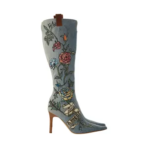 Roberto Cavalli Denim Tattoo Print Boots