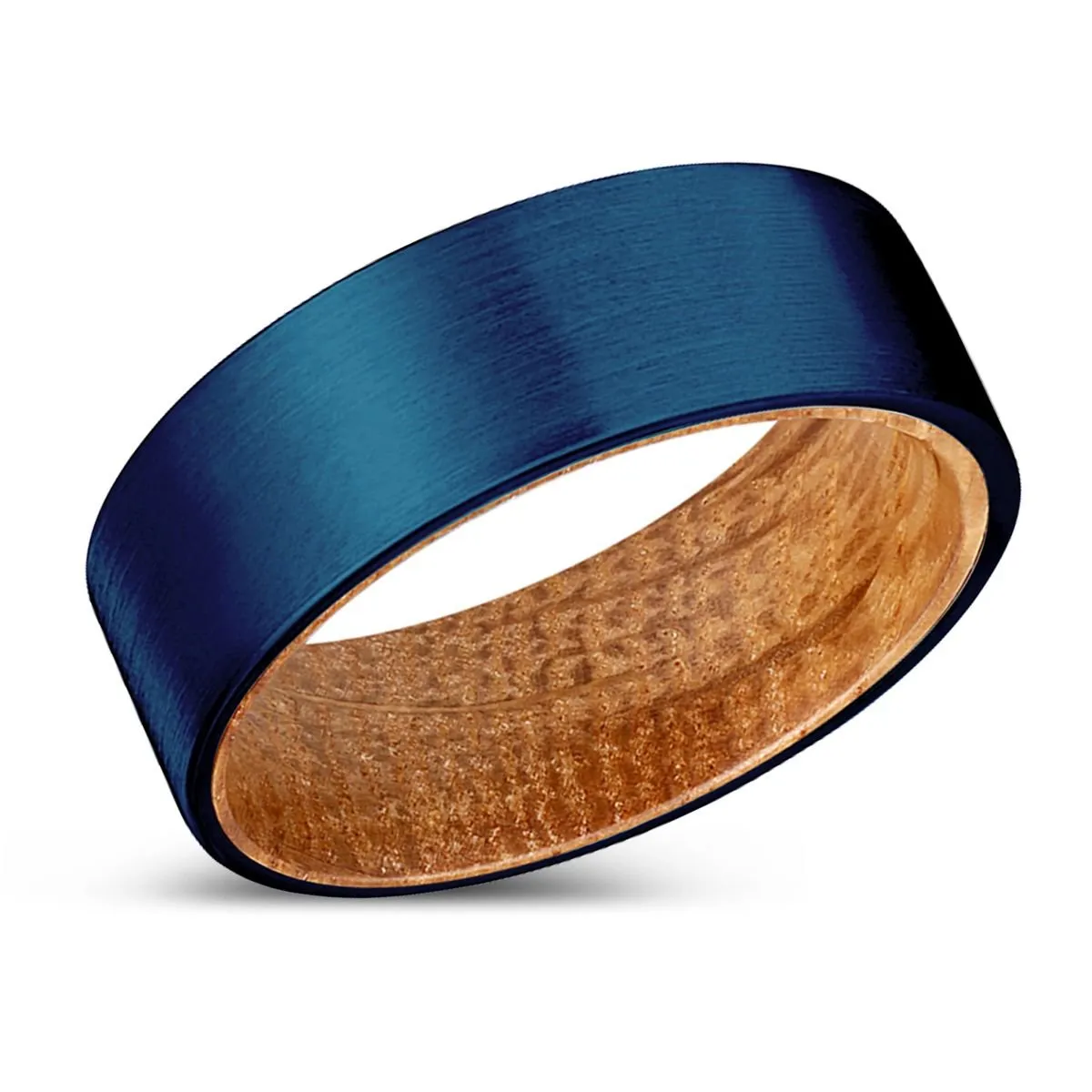 SAVAGE | Whiskey Barrel Wood, Blue Tungsten Ring, Brushed, Flat