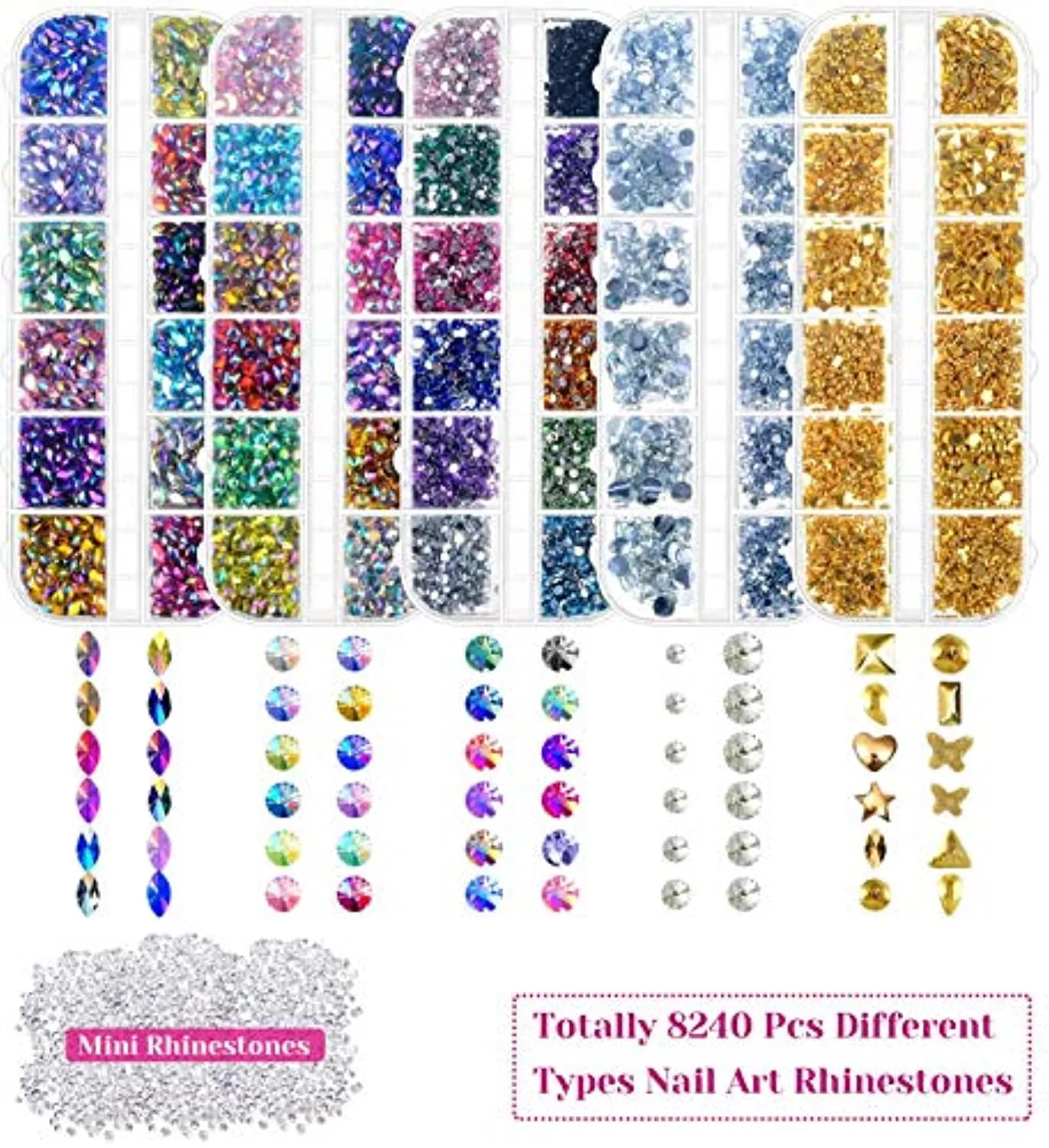 Selizo 8240pcs Nail Rhinestones, Rhinestones for Nails, Nail Gems Crystals Nail Art Rhinestones Supplies with Rhinestone Glue for Nails Art Decoration