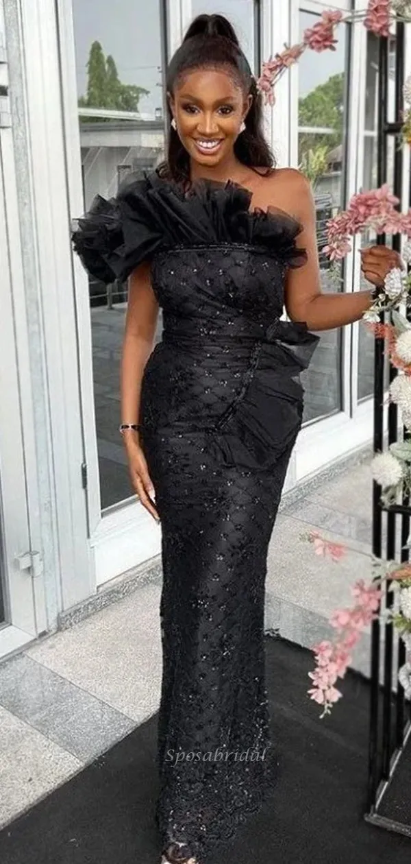 Sexy Black Sparkly One-shoulder Mermaid Long Prom Dress, PD3490