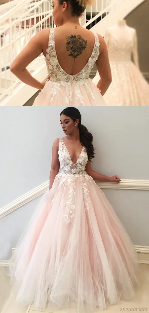Sexy Deep V-neck Lace Top Open Back A-line Blush Pink Tulle Prom Dress, PD3279