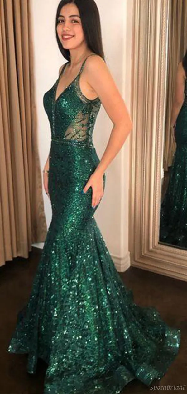 Sexy Emerald Green Sparkly Spaghetti Straps V-neck Open Back Mermaid Long Prom Dress, PD3077