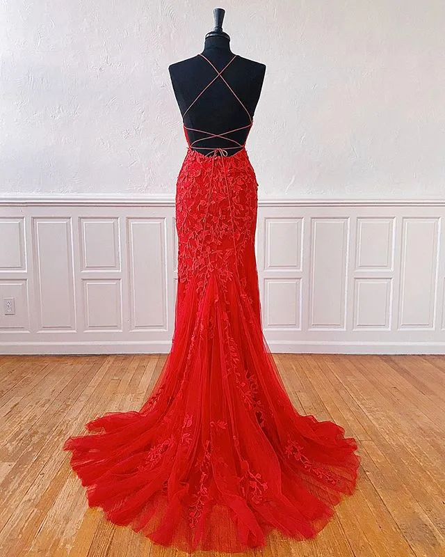 Sexy Long Lace Red Prom Dresses Open Back