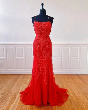 Sexy Long Lace Red Prom Dresses Open Back