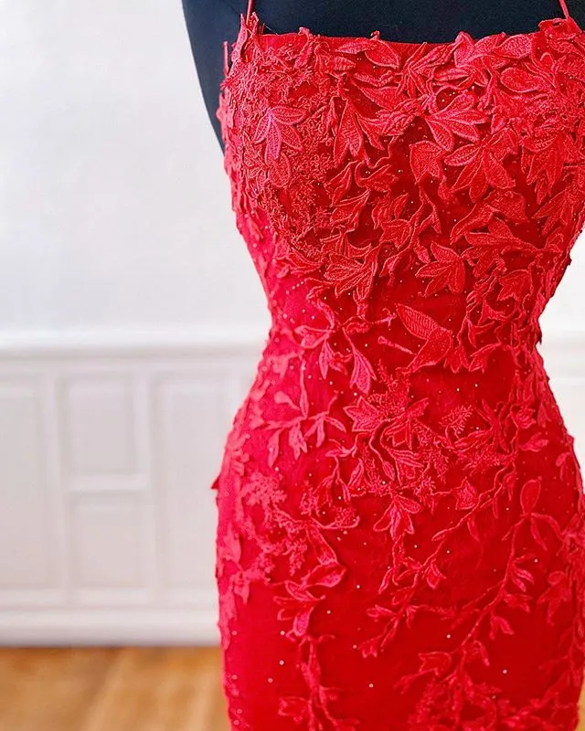 Sexy Long Lace Red Prom Dresses Open Back