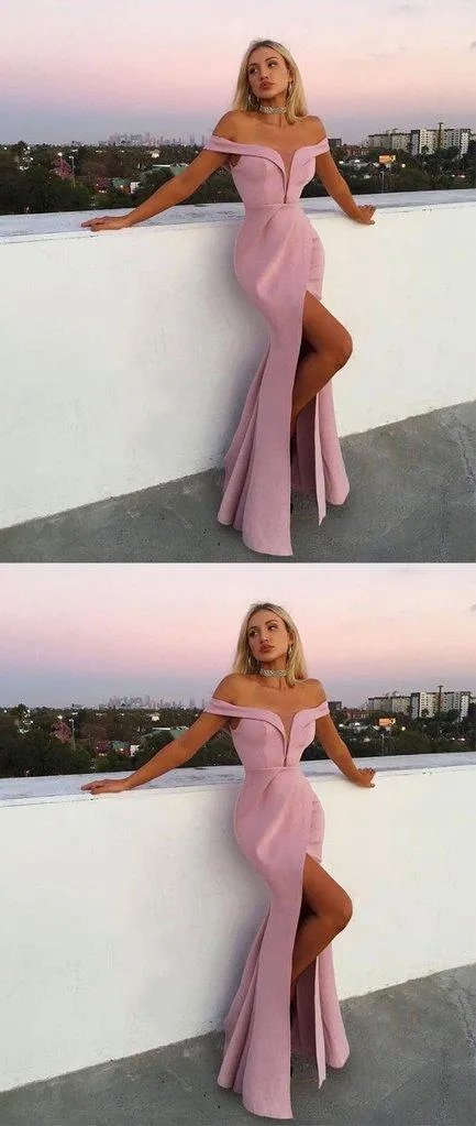 Sexy Pink Mermaid Off the Shoulder Side-slit Long Cheap Prom Dresses, PD0913