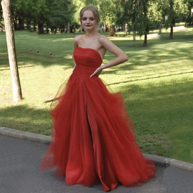 Sexy Red Strapless Straight Sheath Side-slit Tulle Long Prom Party Dress, PD3109
