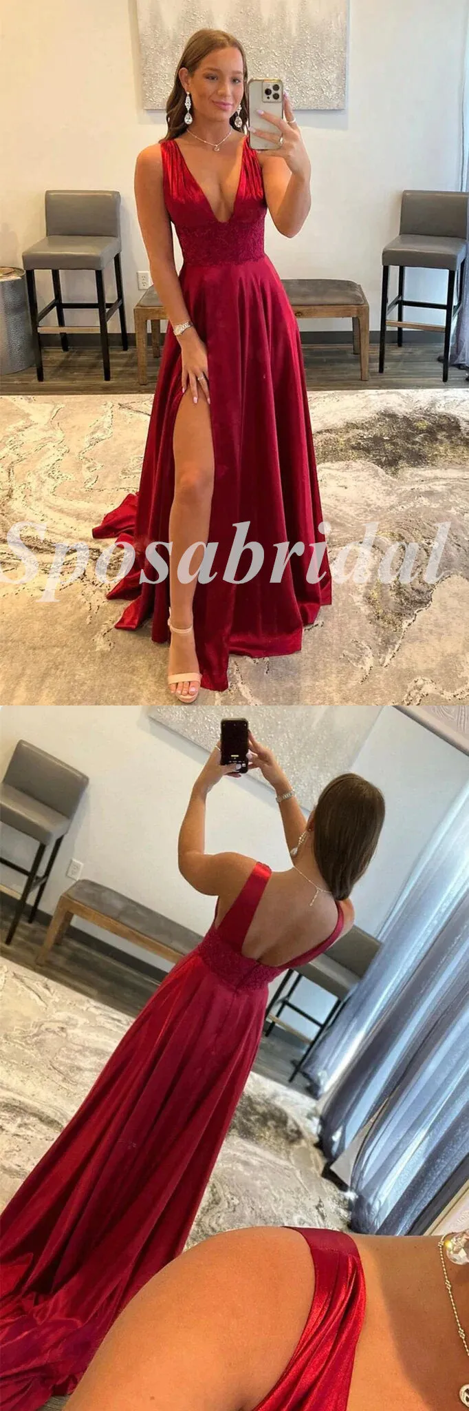 Sexy Satin And Lace Spaghetti Straps V-Neeck Sleeveless Side Slit A-Line Long Prom Dresses, PD3620