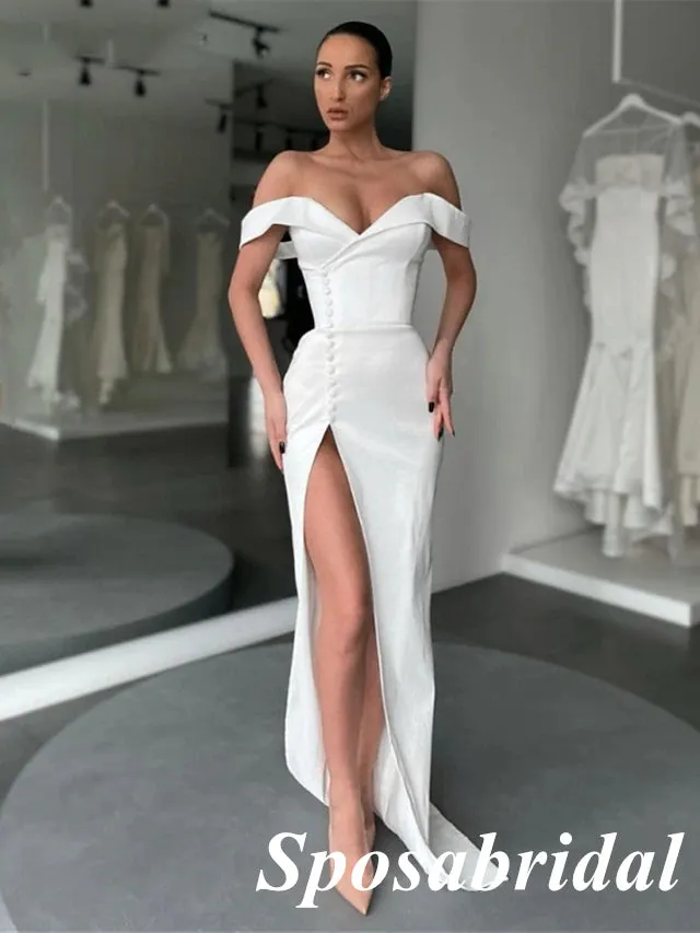 Sexy Satin Off Shoulder Sleeveless Side Slit Mermiad Long Prom Dresses, PD3910